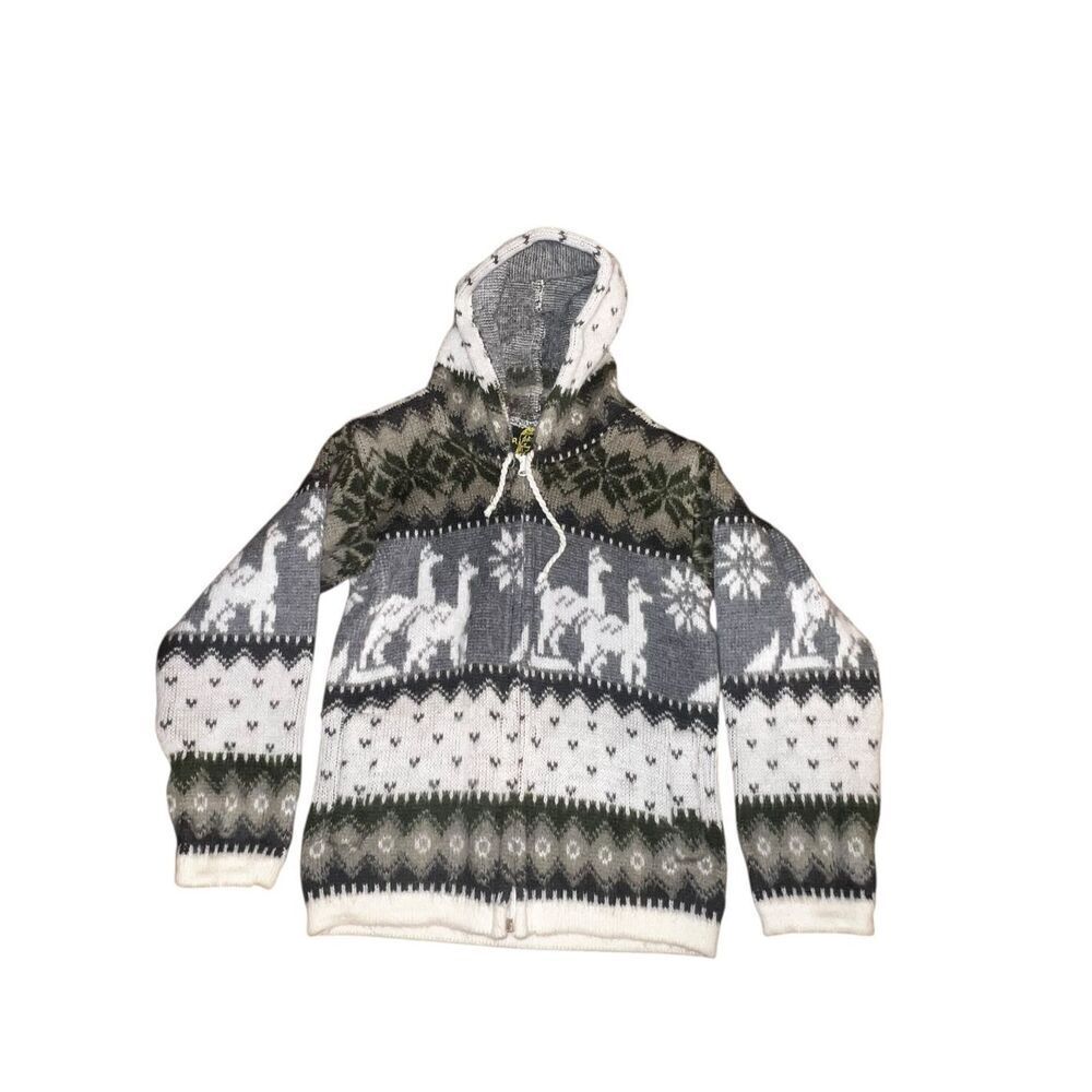 Tejidos Ruminahui Gray White Alpaca wool Hoodie Zip Jacket Kids Size 4 warm